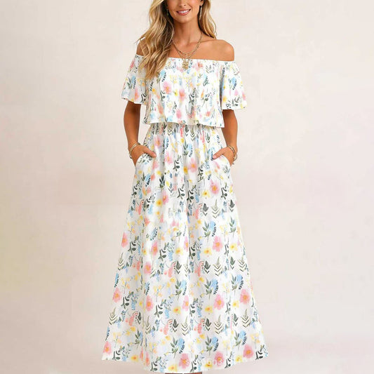 🔥Mother's Day Special Offer 50% OFF🔥Women's Off The Shoulder Dress Wedding Guest Dress Summer Casual Long Ruffle Party Side Split Beach Maxi Dresses