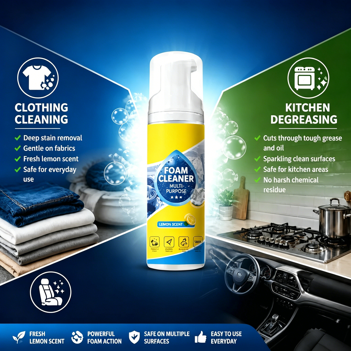 🧼Powerful Multi-Purpose Foam Cleaner — Safe for leather, fabric, carpet & interior surfaces. ✨
