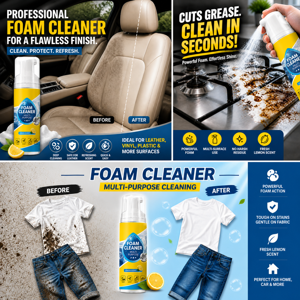 🧼Powerful Multi-Purpose Foam Cleaner — Safe for leather, fabric, carpet & interior surfaces. ✨